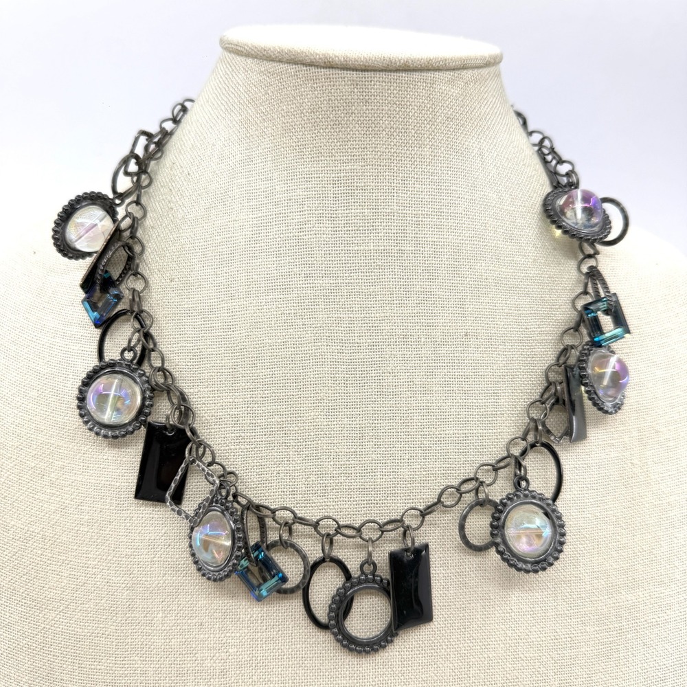 Gunmetal Iridescent Bead Blue Crystal Charm Necklace Gothic Statement Jewelry